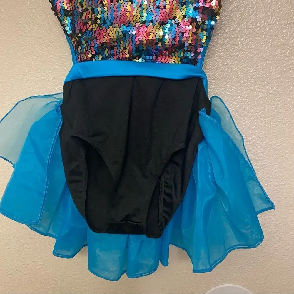 WEISSMAN Dance costume feather teal sequins sassy A Deeper Love 14471 LC child